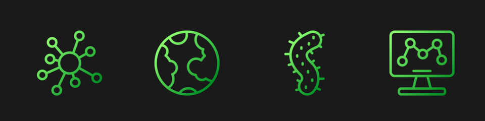 Set line Virus, Molecule, Earth globe and Genetic engineering. Gradient color icons. Vector