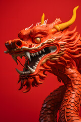 Traditional red and golden chinese dragon sculpture on red background. 2024 Chinese year of the dragon