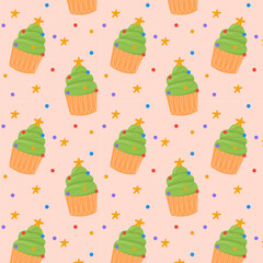 Christmas cupcake pattern. Muffin with cream, sprinkles and Christmas tree