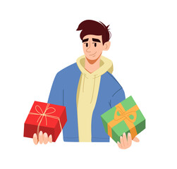 Man with Two Presents. Person Holding Gift Boxes with Love, Surprised. Celebrating Birthday, Surprise Party, Valentine Day. Cartoon People Vector Illustration.