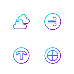 Set line Earth globe, Aries zodiac, Cloudy weather and Windy. Gradient color icons. Vector