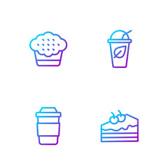 Set line Piece of cake, Cup tea, Muffin and with leaf. Gradient color icons. Vector