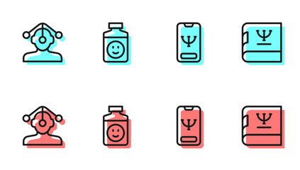 Set line Online psychological counseling, Hypnosis, Antidepressants and Psychology book icon. Vector