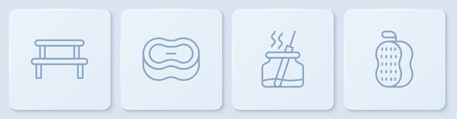 Set line Sauna wood bench, Aroma diffuser, Bar of soap and Washcloth. White square button. Vector