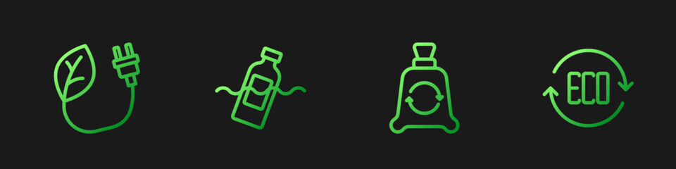 Set line Garbage bag with recycle, Electric saving plug in leaf, The problem of pollution and Leaf Eco symbol. Gradient color icons. Vector