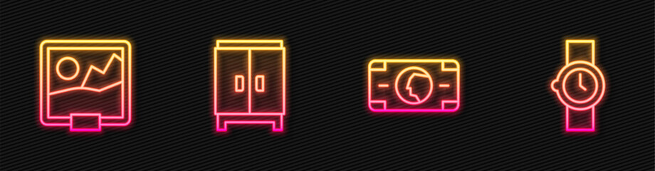Set line Stacks paper money cash, Picture, Wardrobe and Wrist watch. Glowing neon icon. Vector