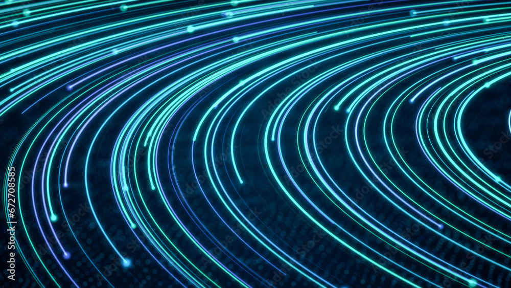 Wall mural futuristic vibrant blue color speed light, abstract fast speed moving digital data particle in cyber