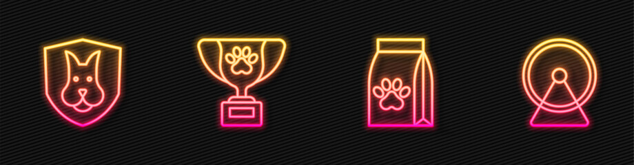 Set line Bag of food for pet, Animal health insurance, Pet award symbol and Hamster wheel. Glowing neon icon. Vector