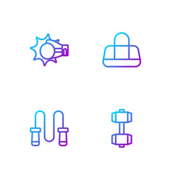 Set line Dumbbell, Jump rope, Punch in boxing glove and Sport bag. Gradient color icons. Vector