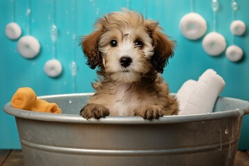 Amusing pup in tub ready for grooming. Ideal for pet shop, grooming salon. Generative AI