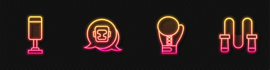 Set line Boxing glove, Punching bag, helmet and Jump rope. Glowing neon icon. Vector