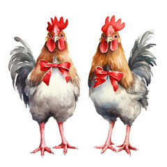 Christmas Chicken Watercolor Clipart, Farm Animal  - obrazy, fototapety, plakaty