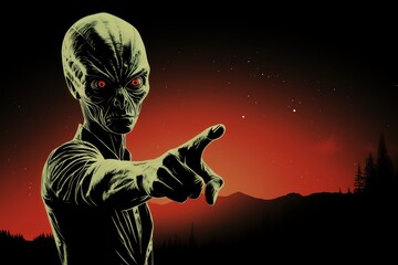 Alien pointing his finger at the camera. Martian. Extraterrestrial Life Concept With a Copy Space.