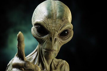 Scary alien pointing his finger at the camera on a dark background. Martian. Extraterrestrial Life Concept With a Copy Space.