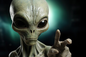 Alien pointing in a dark space with green light. Martian. Extraterrestrial Life Concept With a Copy Space.