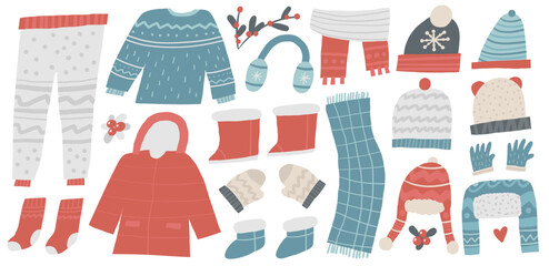 Winter clothes set. Cute hand drawn doodle Christmas, winter season apparel bundle, sweater, pants, coat, ugg, boots, scarf, hat, mittens, gloves, socks, ear flaps hat cap beanie knitted hat