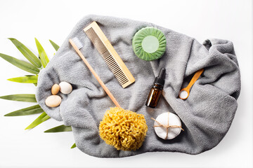 Zero waste, sustainable bathroom and lifestyle. Bamboo toothbrush, loofah sponge, soul, oil, cotton...