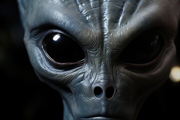 closeup of an alien's face with black eyes and a black background. Martian. Extraterrestrial Life Concept With a Copy Space.