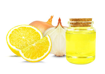 onion and lemon syrup in bottle isolated on white background - obrazy, fototapety, plakaty