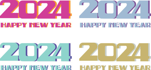 happy New year 2024, disco style set with different colors. neon pink and blue and silver and gold