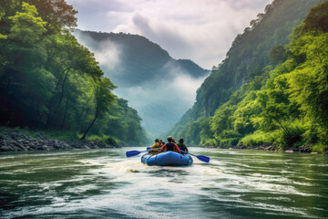A group of adventurous people embarking on a thrilling rafting expedition down a river, surrounded by the beauty of nature.
