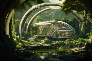 Futuristic architecture in middle of lush forest. Generative AI