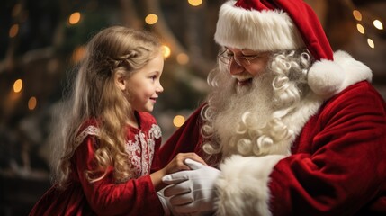 Fototapeta na wymiar Child sitting on Santa Claus's lap, telling him what they want for Christmas. Generative AI