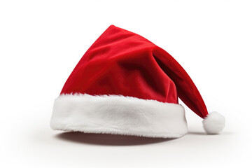 A festive red Santa Claus hat, a traditional symbol of Christmas, isolated on a white background, with its fluffy fur lining adding to the holiday spirit.