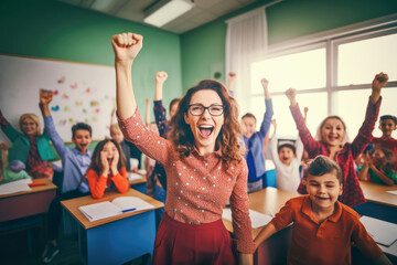 A happy teacher in a colorful classroom, surrounded by a group of enthusiastic students eager to...