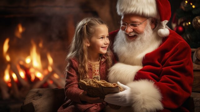 Child sitting on Santa Claus's lap, telling him what they want for Christmas. Generative AI