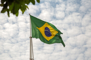 Uma Bandeira do Brasil tremulando ao vento em um dia nublado e detalhes de folhas em primeiro plano.