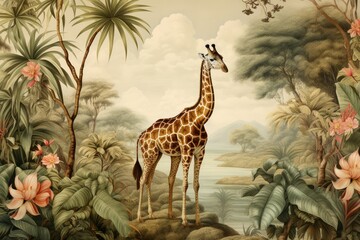 Naklejki  Wallpaper giraffe gracefully navigating a lush jungle. Surrounding it are tropical forest leaves, a meandering river, and birds vintage style