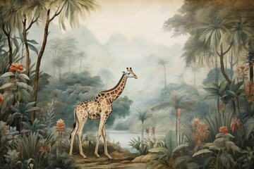 Wallpaper giraffe gracefully navigating a lush jungle. Surrounding it are tropical forest leaves, a meandering river, and birds vintage style - obrazy, fototapety, plakaty