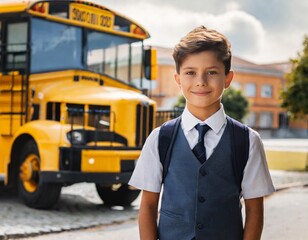 Niño con uniforme delante del autobús escolar y del colegio