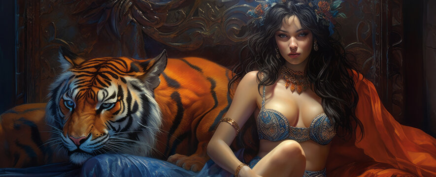 A fantasy female woman with a tiger in a erotic bikini costume. Futuristic portrait of a beautiful amazonian woman