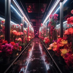 underground hallway full of flowers, flowers tunnel