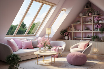 Beautiful luxury living room interior with large windows