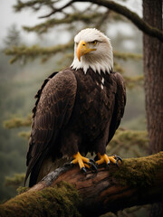 Naklejka premium A close-up of a majestic bald eagle perched on a tree branch, watching over its territory.