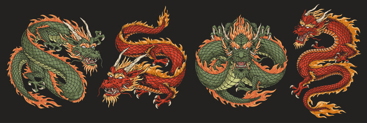 Eastern dragons set emblems colorful