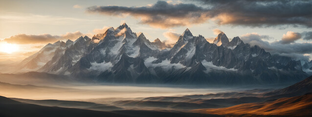 A dramatic mountain range, with jagged peaks piercing the sky as the sun sets.