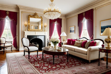 The living room is a traditional and elegant space with a grand chandelier, antique furniture, and a classic Persian rug, exuding a timeless and sophisticated ambiance. Generative AI