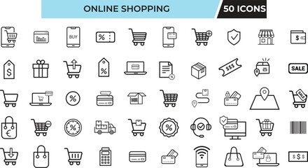 Online Shopping  line icons set shopping 50 icons set element  Vector Online shopping thin line Shopping symbols collection stroke icons