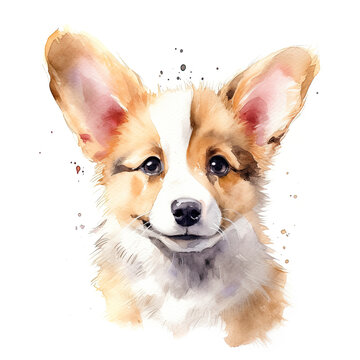 Welsh corgi puppy portrait. Stylized watercolour digital illustration of a cute dog with big eyes.