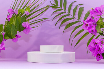 Arrière plan mauve et blanc avec présentoir pour des produits avec un rendu 3 D. Plate-forme vide...