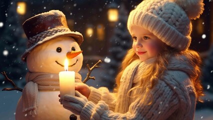 Christmas time. A girl playing with a snowman