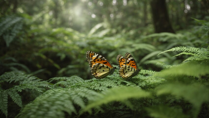 A pair of butterflies resting on a bed of lush, green ferns in a rainforest.