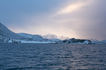 Fototapeta na wymiar Winter on the Hadselfjorden, here at Kvitne's old trading post. Innlandet,Hadsel,Vesterålen