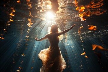 A breathtaking underwater shot of synchronized swimmers performing a mesmerizing routine.play of light and water creates a dreamlike atmosphere as the athletes move in perfect harmony. Generative Ai.