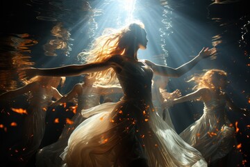 A breathtaking underwater shot of synchronized swimmers performing a mesmerizing routine.play of light and water creates a dreamlike atmosphere as the athletes move in perfect harmony. Generative Ai.