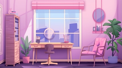 Girl bedroom interior in pink and violet colors. modern interior design room furniture generative ai